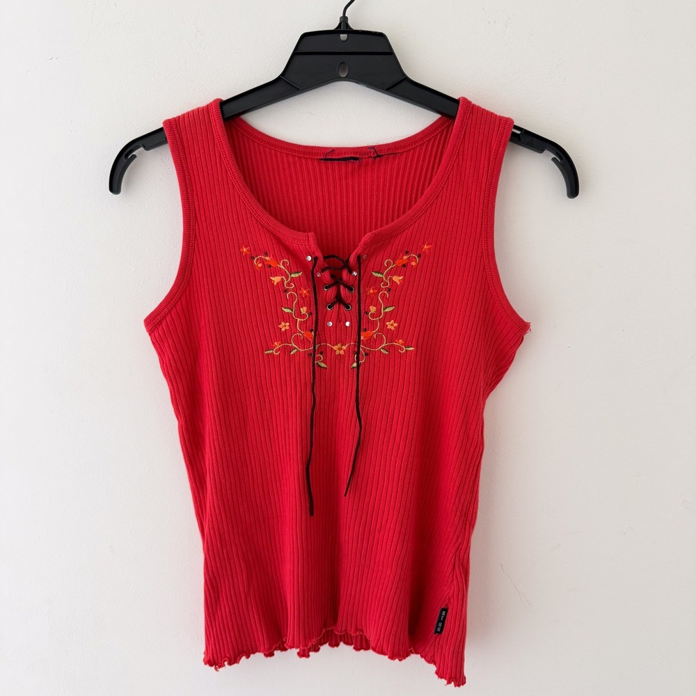 Vintage Ribbed Lace Up Tank Top Womens S Red Floral Embroidery Y2K Fairy Grunge